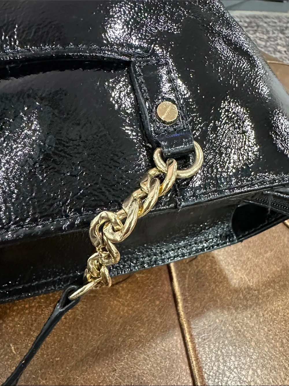 Michael Kors Black Patent Tote with Gold Chain Charm